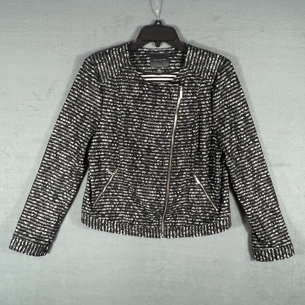 The Limited Women's Black‎ White Textured Knit Moto Jacket Size M Asymmetrical